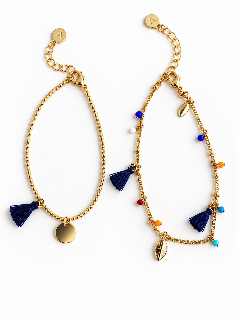 Gold Tone Tassel Charm Beaded Anklet Set – 2 Piece Boho Layered Anklets